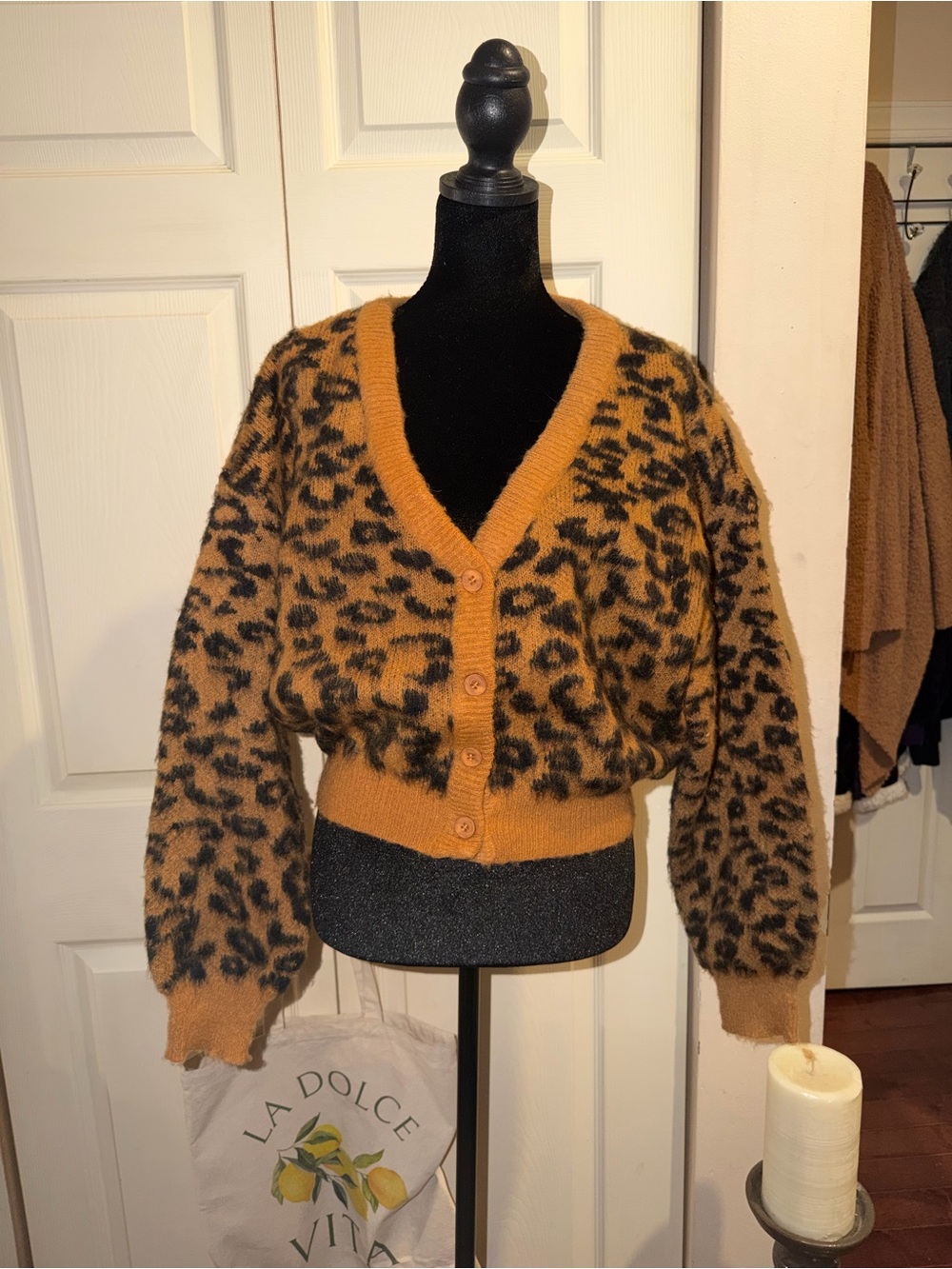 RSQ Mustard Leopard V-Neck Button Cardigan